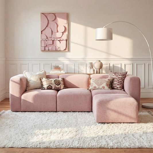 Philo Blush Pink Low Profile Modular Sectional Sofa (3-Seater+Ottoman)
