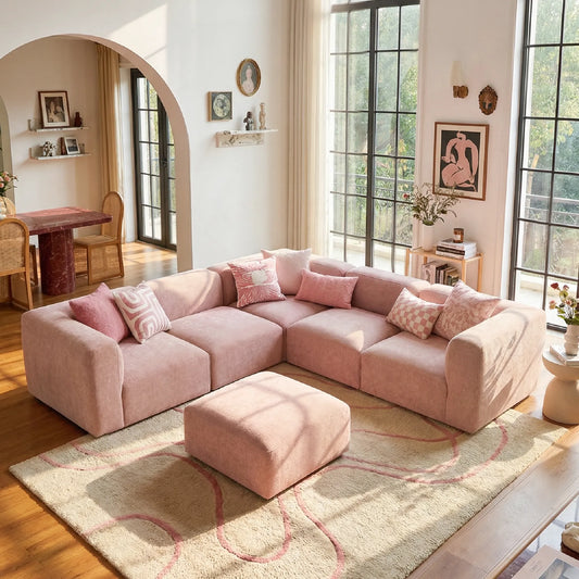 Philo Blush Pink Low Profile Reversible Modular L Sectional Sofa (5-Seater+Ottoman)