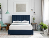 Pierce Mid Century Modern Bed with Deep Channel Tufted Headboard and Elegant Gold & Chrome Legs