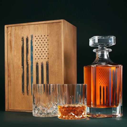 Police Tactical Blue Tattered American Flag Whiskey | 730mL Decanter 2 Whiskey Glass