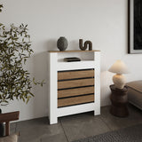 Radiator Cover Mistral Cabinet with Slatted Panel, Modern Home Furniture for Heating Units, Ventilated Decorative Enclosure with White and Natural Wood Tones, Additional Shelf Space for Contemporary Interiors