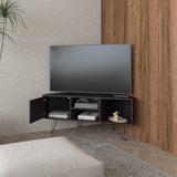 Lancaster Corner Entertainment Console Media Center Designed to Fit Neatly into Room Corners Featuring Ample Storage with Two Open Shelves and Two Concealed Side Cabinets Sleek Modern Look