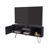 Lancaster Corner Entertainment Console Media Center Designed to Fit Neatly into Room Corners Featuring Ample Storage with Two Open Shelves and Two Concealed Side Cabinets Sleek Modern Look