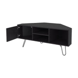 Lancaster Corner Entertainment Console Media Center Designed to Fit Neatly into Room Corners Featuring Ample Storage with Two Open Shelves and Two Concealed Side Cabinets Sleek Modern Look