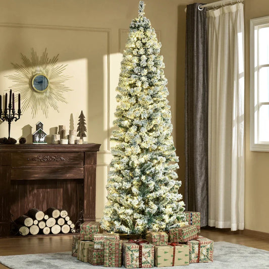 HOMCOM 7.5ft Pre-Lit Snow-Flocked Slim Douglas Fir Artificial Christmas Tree with Realistic Branches, 350 LED Lights and 641 Tips