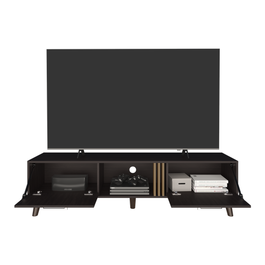 TUHOME Vance 63" Wide TV Stand with Two Pull-Down Cabinets, Open Shelves, Cable Management System, Modern Entertainment Console for Living Room, TV Room, Media Storage and Home Organization