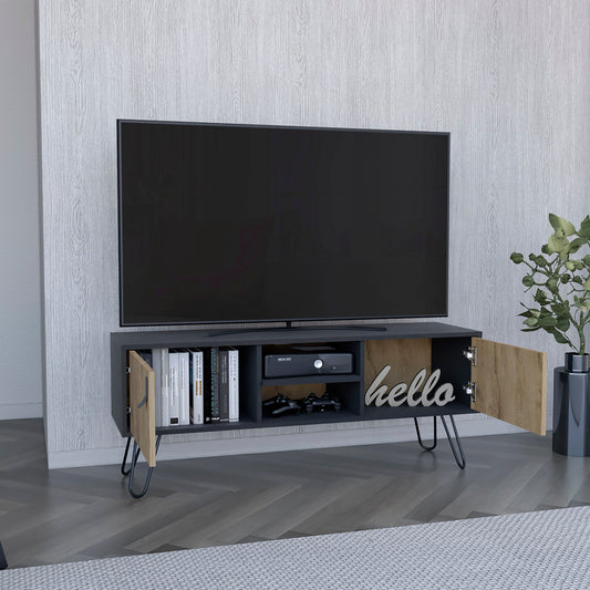 TUHOME Huna TV Stand with Hairpin Legs, Dual Enclosed Storage Doors, Central Open Shelves and Cable Management Offering Modern Entertainment Organization and Durable Engineered Wood Construction for Contemporary Living Rooms