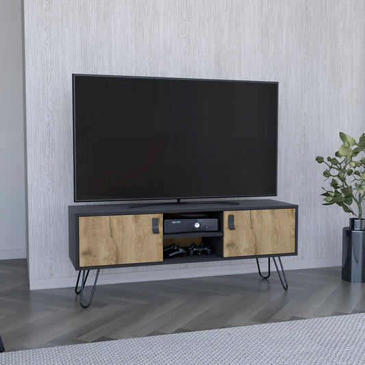 TUHOME Huna TV Stand with Hairpin Legs, Dual Enclosed Storage Doors, Central Open Shelves and Cable Management Offering Modern Entertainment Organization and Durable Engineered Wood Construction for Contemporary Living Rooms