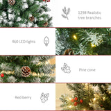 HOMCOM 9ft Pre-Lit Snow-Dipped Artificial Christmas Tree with Realistic Branches, 460 LED Lights, Pine Cones, Red Berries and 1298 Tips