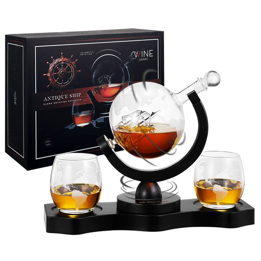 Rotating Whiskey Decanter Globe Set with 2 10OZ Etched Whiskey Glasses
