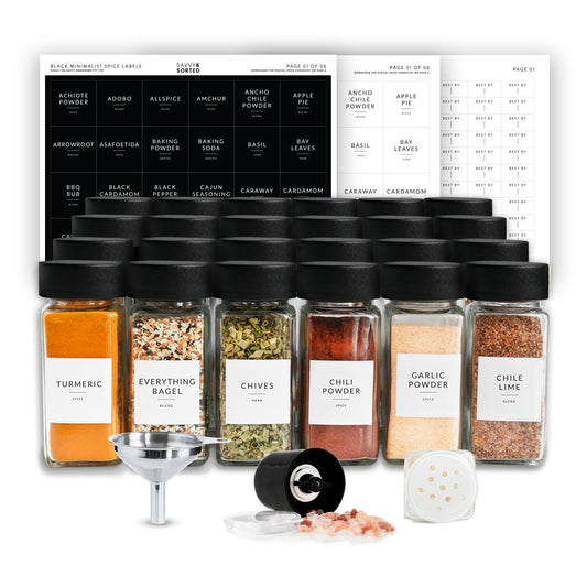 Black Spice Jars with Labels 24 Pack Set