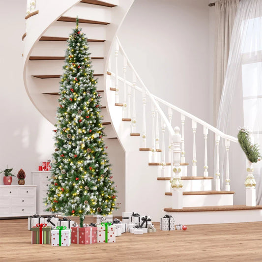 HOMCOM 9ft Pre-Lit Snow-Dipped Artificial Christmas Tree with Realistic Branches, 460 LED Lights, Pine Cones, Red Berries and 1298 Tips