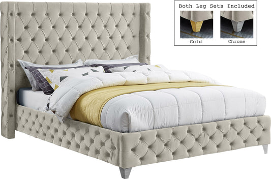 Savan Velvet Bed with Deep Button Tufting and Customizable Gold or Chrome Legs for Luxury Style