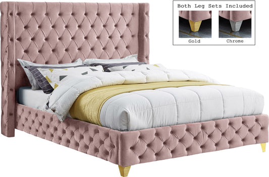 Savan Velvet Bed with Luxurious Deep Button Tufting and Customizable Gold or Chrome Legs