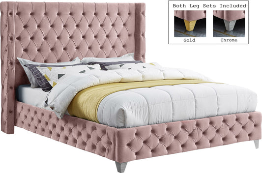 Savan Velvet Bed with Luxurious Deep Button Tufting and Customizable Gold or Chrome Legs