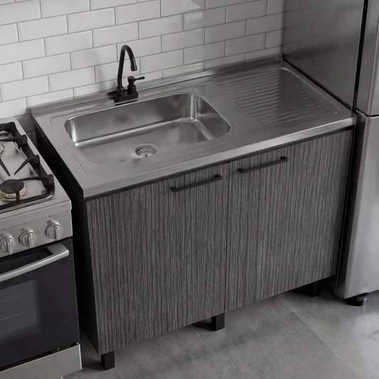 Napoles Utility Sink with Faucet Inclued and Integrated Steel Counter top, Freestanding cabinet with two doors, Metal Handles and Two interior shelves.