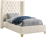 Soho Elegant Leather Wing Bed with Gold Nail Head Details and Deep Tufted Design for Modern Style