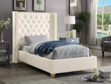Soho Elegant Leather Wing Bed with Gold Nail Head Details and Deep Tufted Design for Modern Style