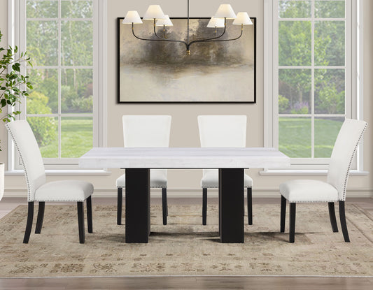 Artemis 5-Piece 70″ Rect Gray Marble Table, Black Finish w/4 White Vegan Leather Chairs