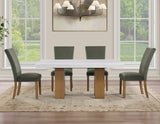 Artemis 70″ Rect White Marble Table, Tan Finish w/4 Green Velvet Chairs