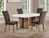 Artemis 70″ Rect White Marble Table, Tan Finish w/4 Green Velvet Chairs