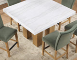 Artemis 5-Piece 54″ Square White Marble Counter Table, Sand Finish w/4 Green Velvet Counter Chairs