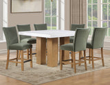 Artemis 5-Piece 54″ Square White Marble Counter Table, Sand Finish w/4 Green Velvet Counter Chairs