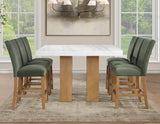 Artemis 5-Piece 54″ Square White Marble Counter Table, Sand Finish w/4 Green Velvet Counter Chairs