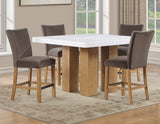 Artemis 5-Piece 54″ Square White Marble Counter Table, Sand Finish w/4 Brown Velvet Counter Chairs