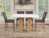 Artemis 5-Piece 54″ Square White Marble Counter Table, Sand Finish w/4 Brown Velvet Counter Chairs