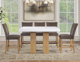 Artemis 5-Piece 54″ Square White Marble Counter Table, Sand Finish w/4 Brown Velvet Counter Chairs
