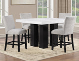 Artemis 5-piece 54″ Square White Marble Counter Table with 4 Gray Chenille Counter Chairs