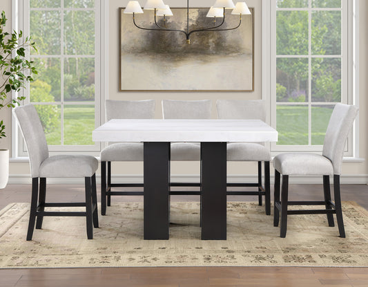Artemis 5-Piece 70″ Rect Gray Marble Table, Black Finish w/4 Black Vegan Leather Chairs