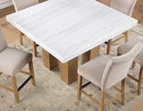 Artemis 5 Piece 54″ Square White Marble Counter Table, Tan Finish w/4 Beige Chenille Counter Chairs