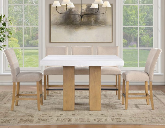 Artemis 5 Piece 54″ Square White Marble Counter Table, Tan Finish w/4 Beige Chenille Counter Chairs