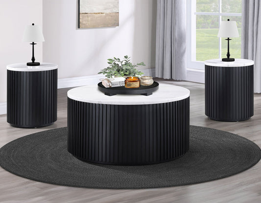 Colvin 18" Round White Marble Top End Table, Black Finish