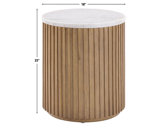 Colvin 18" Round White Marble Top End Table, Toffee Finish