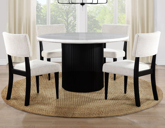 Colvin 5-Piece 52" Round White Marble Dining Set, Black Finish