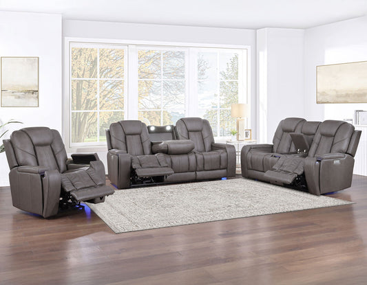 Daniel Triple Power Home Theater Leather Reclining Sofa with Drop-Down Control Console, Built-in Speakers & Vibration, Heat, and Massage