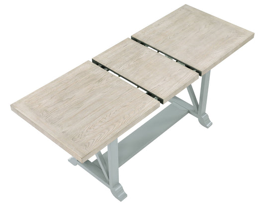 Darcy 5-Piece 64-82"Counter Set with 18-inch leaf, Mint Green and Washed Linen Finish
