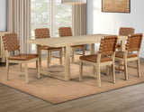 Reid 5-Piece 77-95″ Dining Set, Sand Finish with Camel Vegan Leather