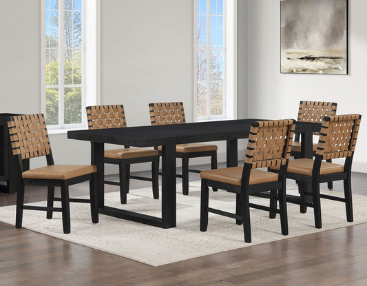 Reid 5-Piece Dining Set, Black Finish with Saddle Brown Vegan Leather