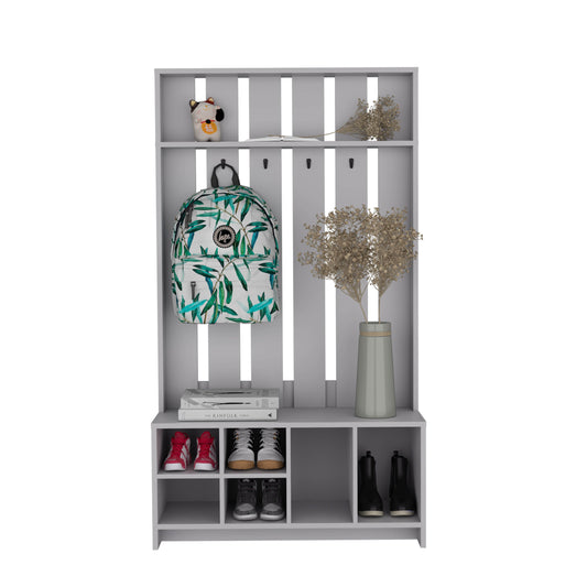 TUHOME Tulcan Hall Tree with Bench and Shoe Storage, Four Cubbies, Two Large Compartments and Coat Rack, Space-Saving Entryway Organizer with Hooks and Upper Shelf for Hallways, Mudrooms and Everyday Home Organization