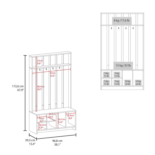 TUHOME Tulcan Hall Tree with Bench and Shoe Storage, Four Cubbies, Two Large Compartments and Coat Rack, Space-Saving Entryway Organizer with Hooks and Upper Shelf for Hallways, Mudrooms and Everyday Home Organization