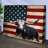 Longhorn Cattle American Flag Canvas Wall Art
