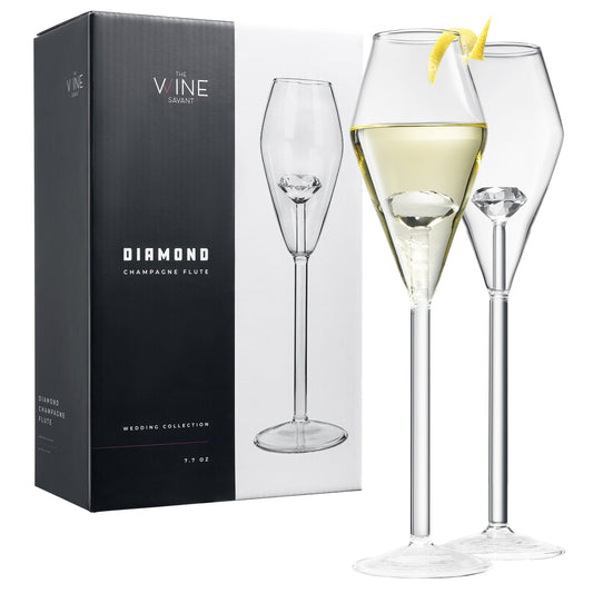 Champagne Flute Glassware | Set of 2, 7.8 OZ | Diamond Stemmed Glass