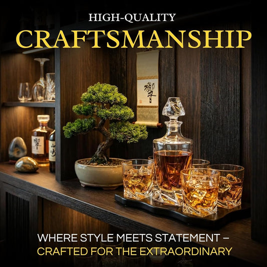 Wine and Whiskey Mountain Decanter, 4 Glasses and Wood Tray 750 ML
