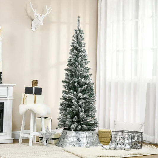 HOMCOM 6' Tall Unlit Snow-Flocked Slim Artificial Christmas Tree with Realistic Branches and 492 Tips