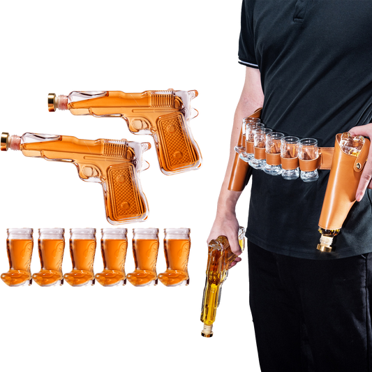 Pistol & Shotglasses Decanter Party Serving Holster Set
