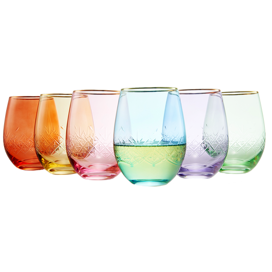 Vintage Crystal Colored Wine Gold Rim Glasses | Set of 6